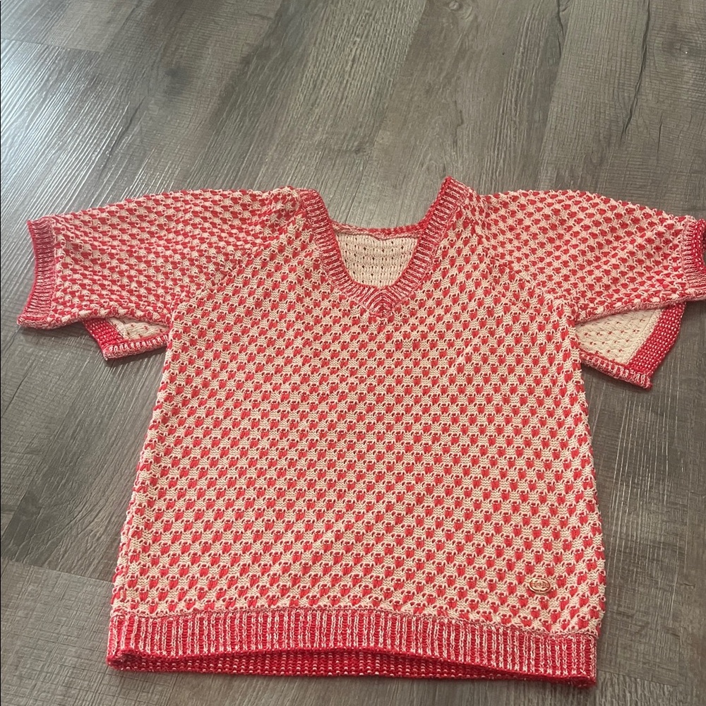 CHANEL Women’s knit Sweater in Red and Cream with cape, no size tag